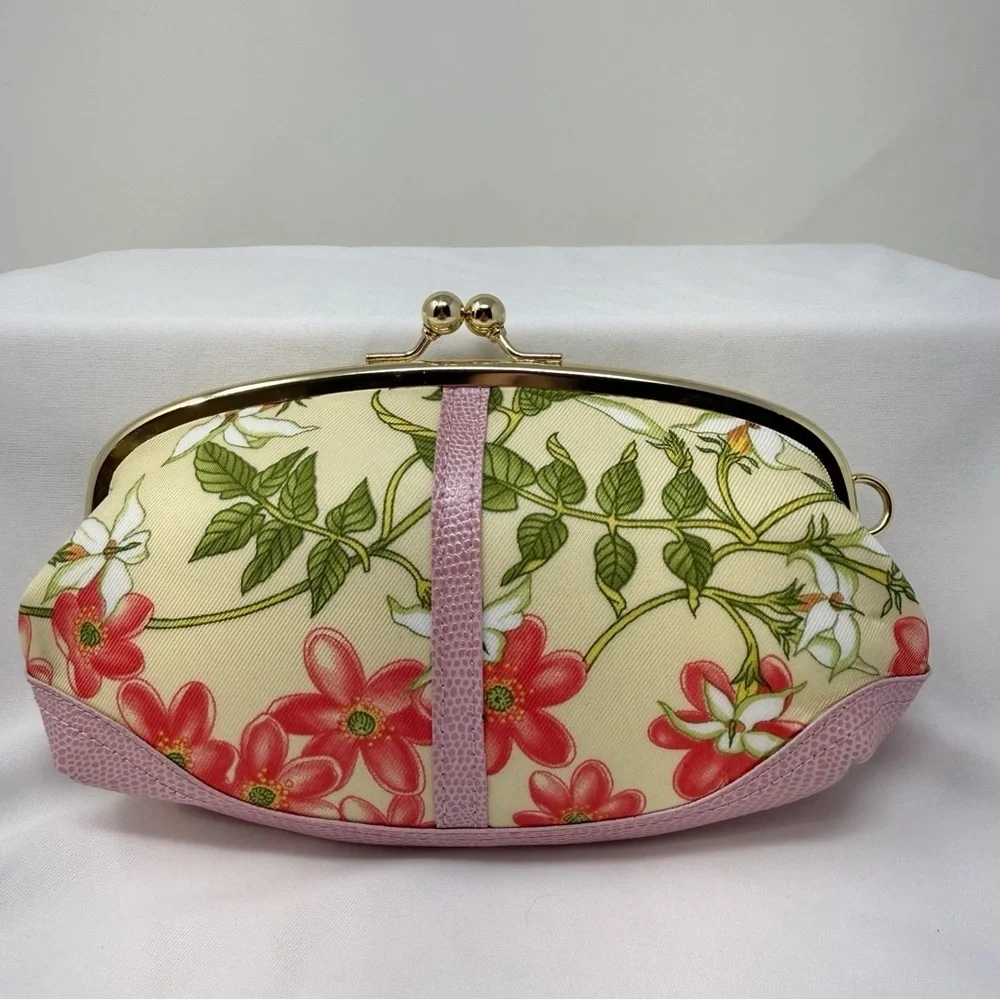 Joan Rivers Beauty Floral Kiss Lock Clutch Pink Gold Frame Evening Makeup Bag